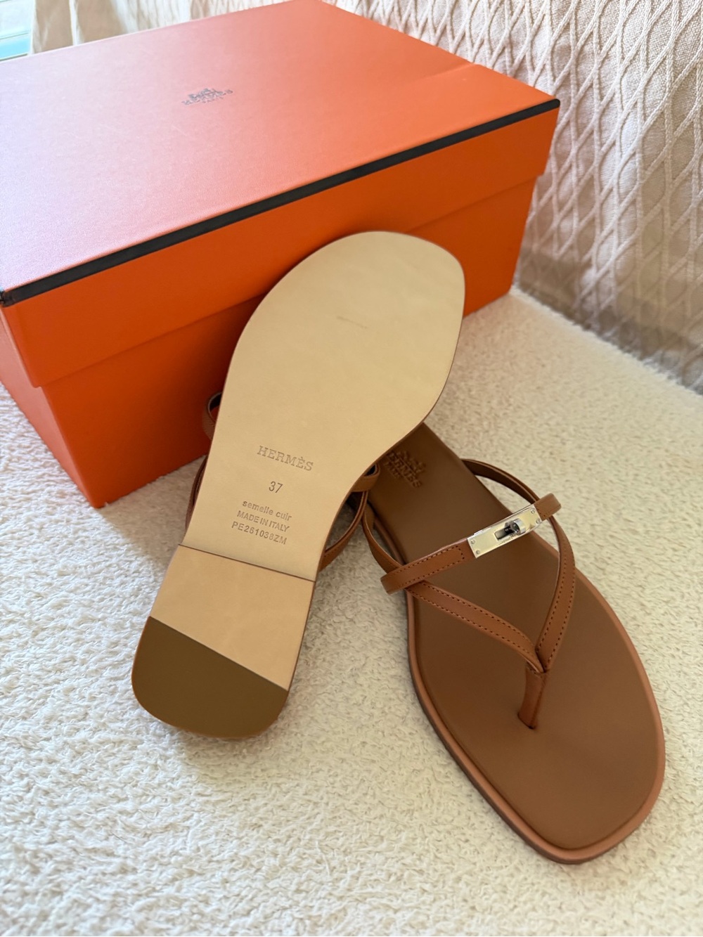 Hermes Brown Leather Thong Sandals with Silver Accent - Picture 2 of 3